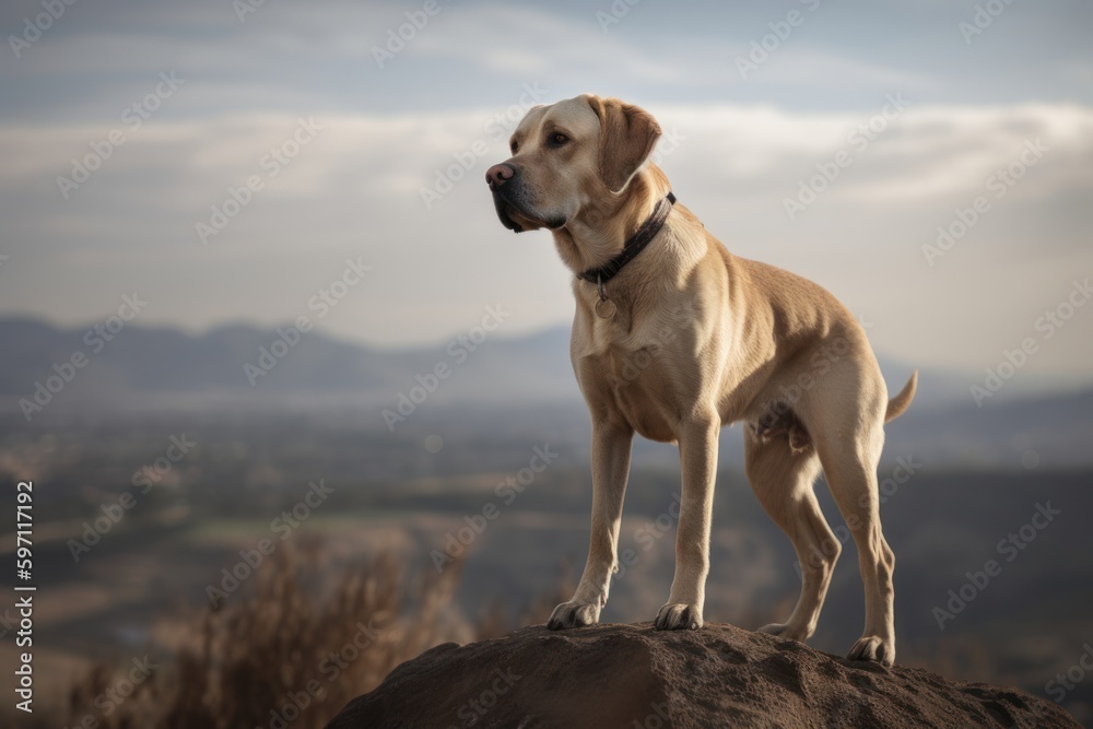 Studio portrait photography of an aggressive labrador retriever standing on hind legs against scenic viewpoints and overlooks background. With generative AI technology