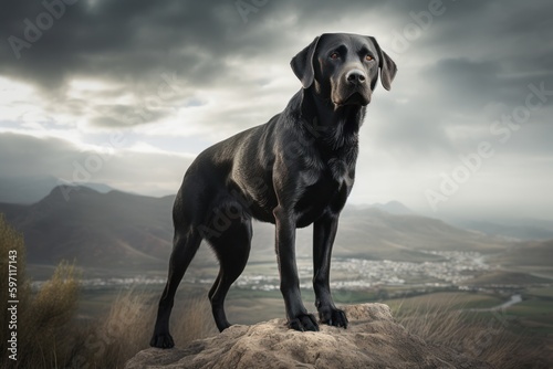 Studio portrait photography of an aggressive labrador retriever standing on hind legs against scenic viewpoints and overlooks background. With generative AI technology
