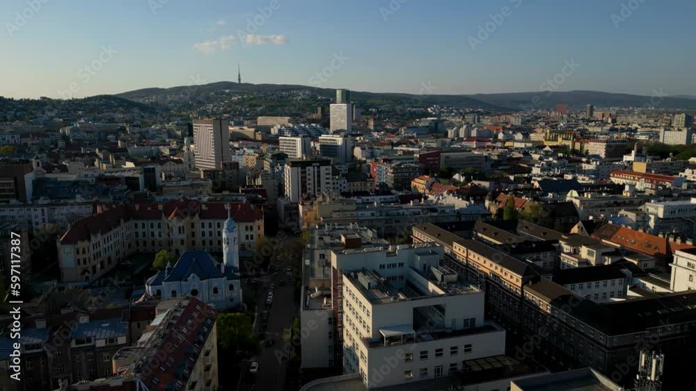 High angle view of the streets of Bratislava, broadcast tower on the horizon, 4k High angle view of the streets of Bratislava, broadcast tower on the horizon, 4k