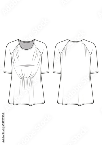 Womenswear raglan short sleeve ruching smocking drape top fashion technical drawing / flat sketch /CAD / ADOBE Illustrator vector digital download