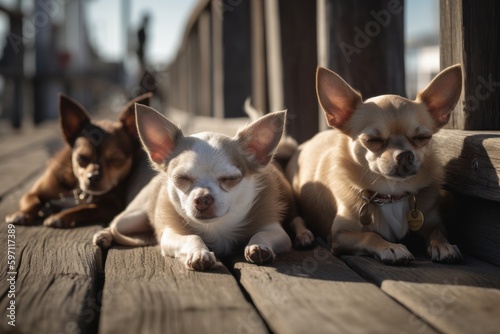 Group portrait photography of a curious chihuahua sleeping against boardwalks and piers background. With generative AI technology