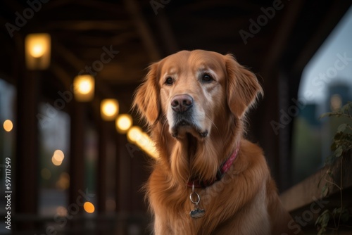 Full-length portrait photography of a curious golden retriever camping against bridges and pedestrian walkways background. With generative AI technology