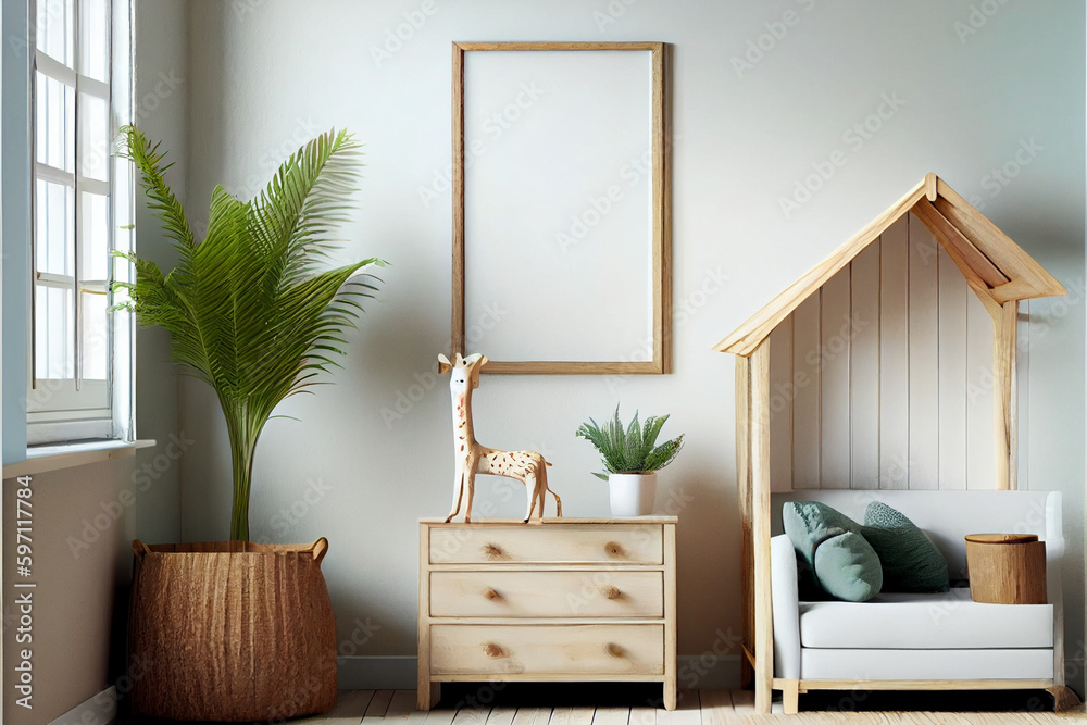 Stylish composition of cozy scandi child's room interior with mock up poster frame, Copy space. AI Generated Stylish composition of cozy scandi child's room interior with mock up poster frame, Copy space. AI Generated