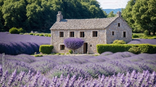 lavender field region with old stone house (Generative AI)