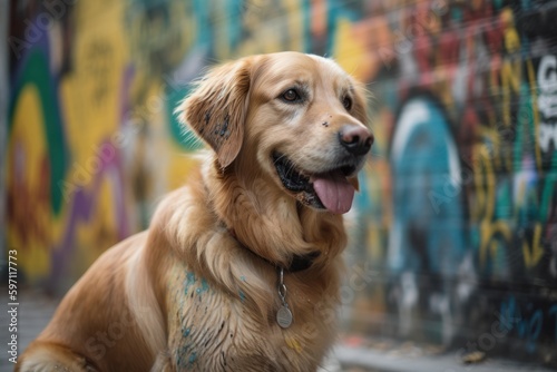 Medium shot portrait photography of a happy golden retriever giving the paw against graffiti walls and murals background. With generative AI technology