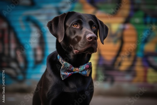 Lifestyle portrait photography of a happy labrador retriever wearing a bow tie against graffiti walls and murals background. With generative AI technology