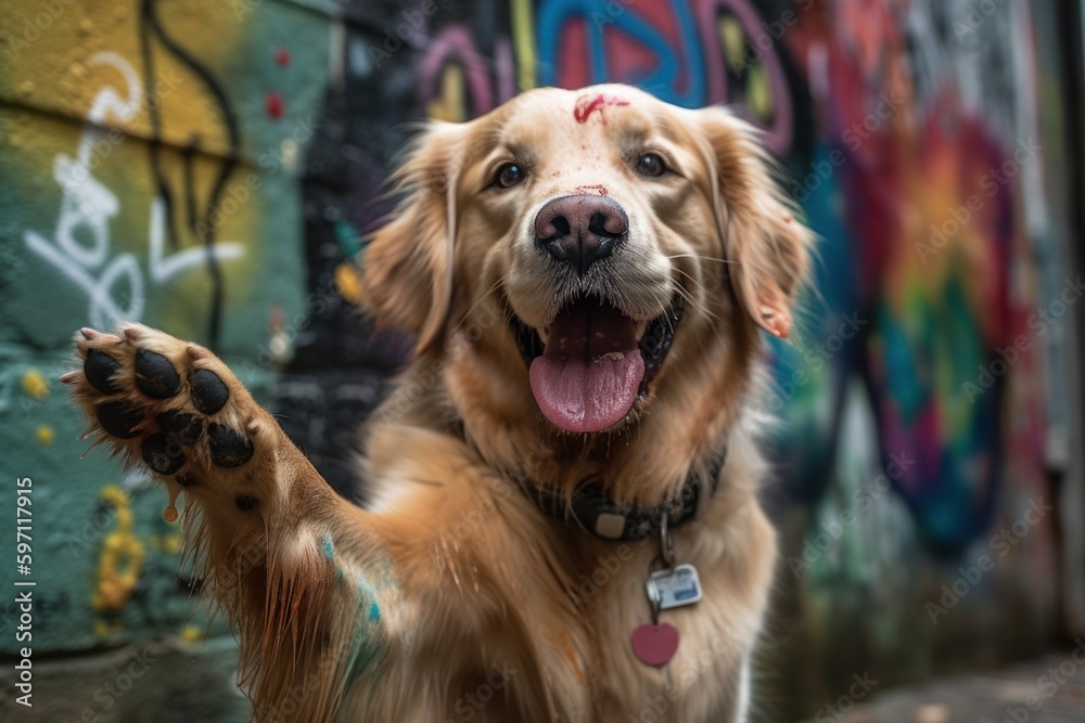 Obraz premium Medium shot portrait photography of a happy golden retriever giving the paw against graffiti walls and murals background. With generative AI technology