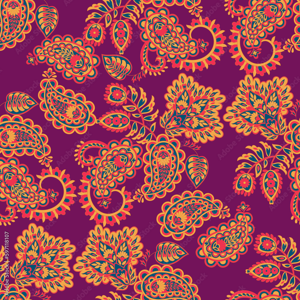 Paisley Floral oriental ethnic Pattern. Seamless Ornament. Ornamental motifs of the Indian fabric patterns