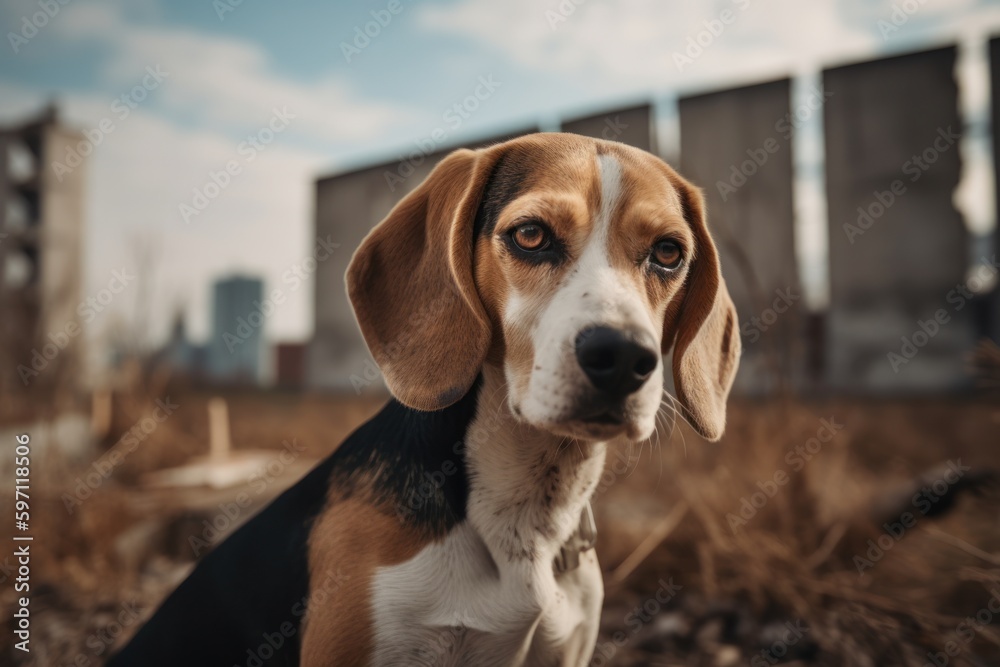 Group portrait photography of a curious beagle being in front of a city skyline against abandoned buildings and ruins background. With generative AI technology