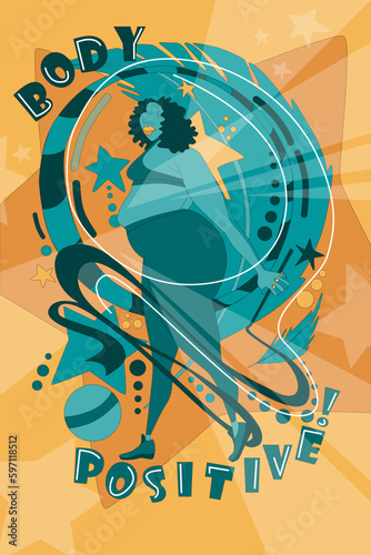 Vector illustration  with a plump woman in a tracksuit and with stars balls and feathers with a ribbon for rhythmic gymnastics and with the inscription body positive