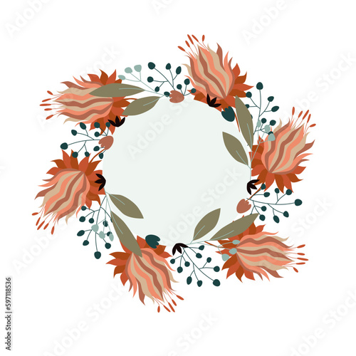 Vector illustration of a simple round frame with simple stylized flowers and an inscription hello spring in the center