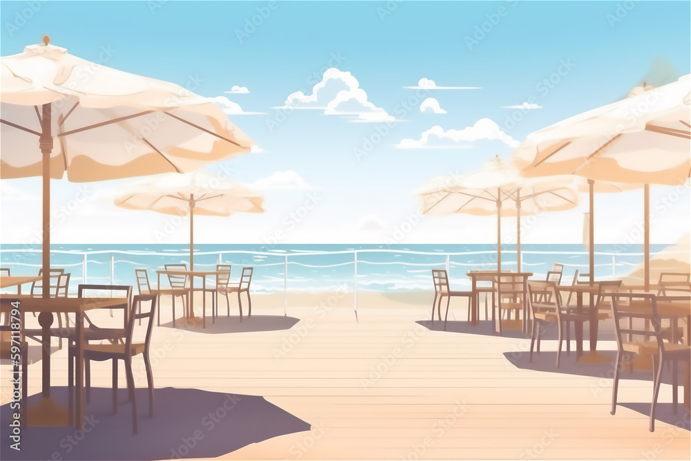 beach bar with tables and umbrellas on the sand, perfectly capturing the essence of summer vacation