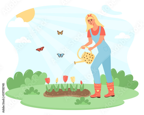Female gardener watering tulips from a watering can. Girl takes care of garden flowers. Vector illustration in flat cartoon style.