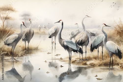 Vintage watercolor of gray crane & flock on pond by John Gould, London (1862-...
