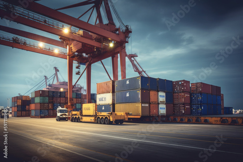 Logistics and transportation of Container Cargo ship and Cargo plane with working crane bridge in shipyard at sunrise, logistic import export and transport industry background. Ai generative