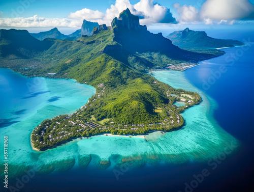 Bora bora Tahiti travel honeymoon destination luxury resort holiday aerial landscape in French Polynesia. Blue Generative AI photo