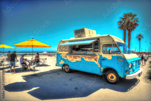 Summer food truck in the beach. Ai generative