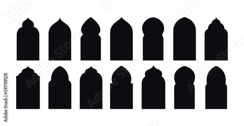 Collection of oriental style. Islamic vector shapes of a window or door arch, mosque gate. Arab frame set. Ramadan kareem silhouette icon.  Islamic arabesque pattern.