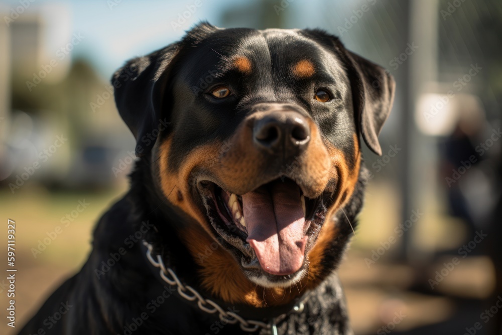 Medium shot portrait photography of a happy rottweiler eating against dog parks background. With generative AI technology Medium shot portrait photography of a happy rottweiler eating against dog parks background. With generative AI technology