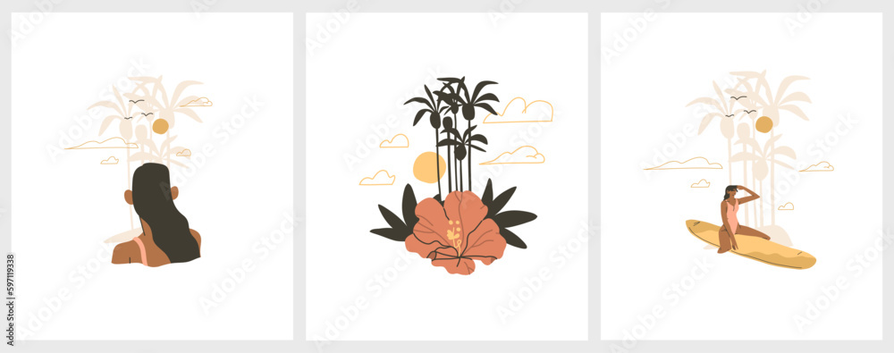 Hand drawn vector abstract graphic summer time cartoon,minimalistic style illustrations print with bohemian beautiful girls sunbathes and relax on the sunset palm beach,isolated on white background.
