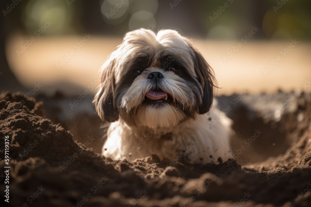 Conceptual portrait photography of a happy shih tzu digging against dog