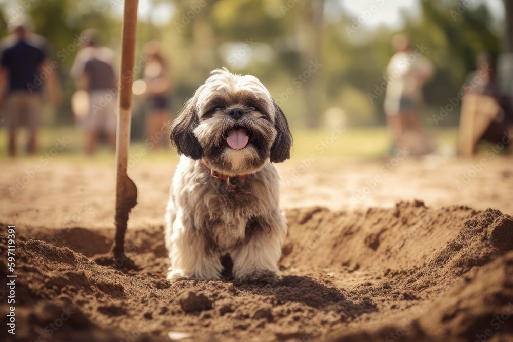 Conceptual portrait photography of a happy shih tzu digging against dog