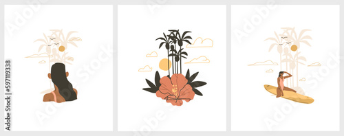 Hand drawn vector abstract graphic summer time cartoon,minimalistic style illustrations print with bohemian beautiful girls sunbathes and relax on the sunset palm beach,isolated on white background.