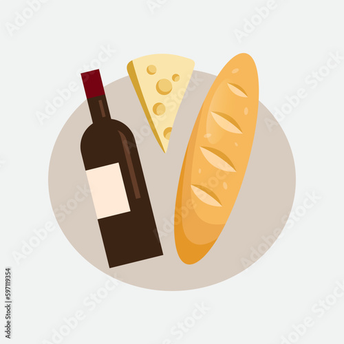 Vector products set. A bottle of wine, a piece of cheese, a crispy baguette.