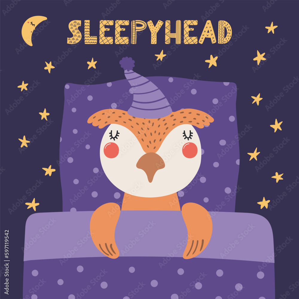 Cute funny sleeping owl with pillow, blanket, moon, stars, quote. Hand drawn vector illustration. Scandinavian style flat design. Kids fashion, textile print, poster, card, baby shower concept Cute funny sleeping owl with pillow, blanket, moon, stars, quote. Hand drawn vector illustration. Scandinavian style flat design. Kids fashion, textile print, poster, card, baby shower concept