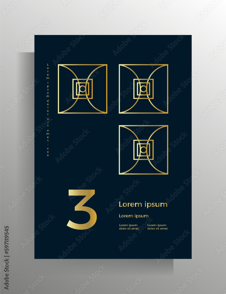 Cover in geometric style. Design template for book, booklet, brochure, poster, folder, flyer, textbook. A4 format. Vector pattern with golden lines.