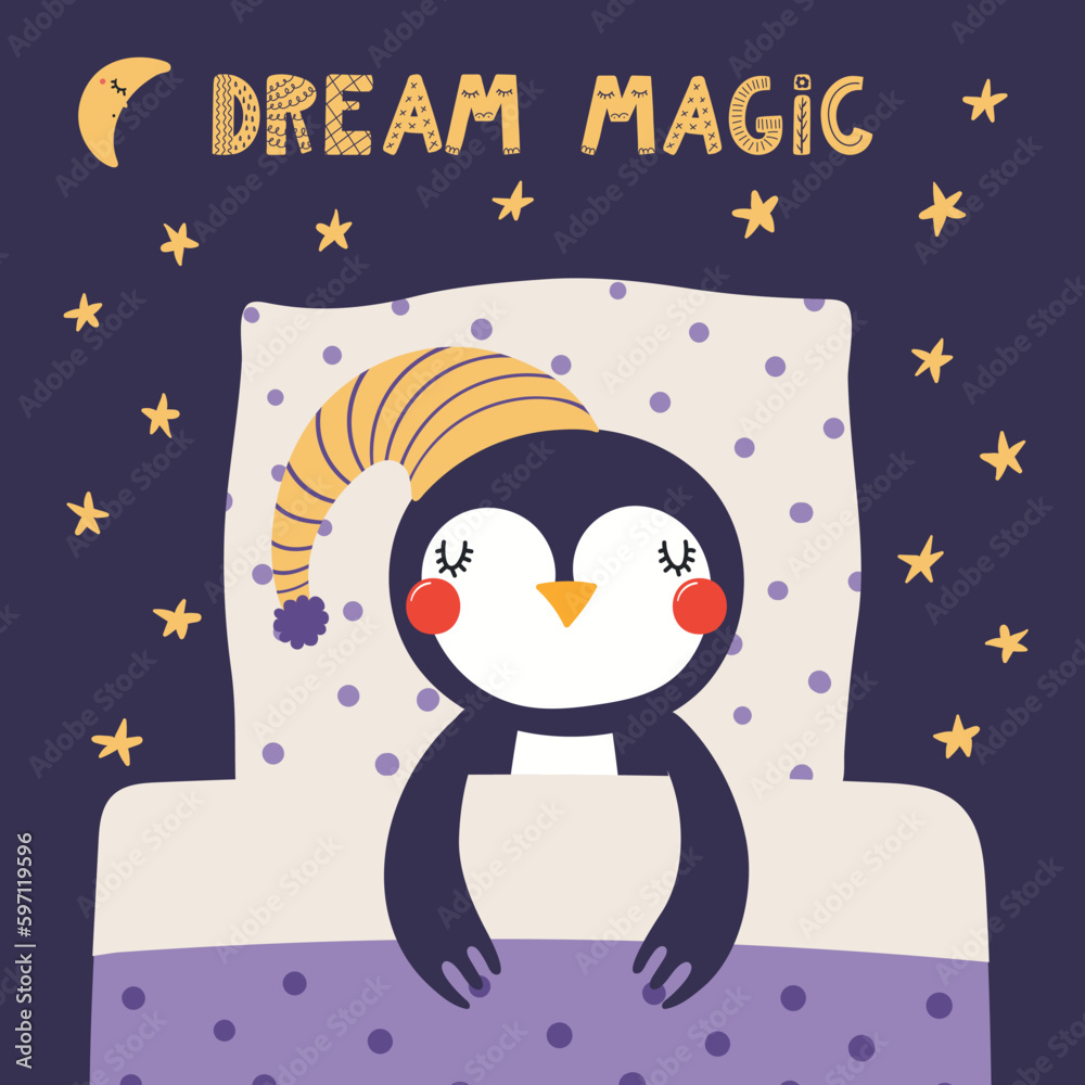 Fototapeta premium Cute funny sleeping penguin with pillow, blanket, moon, stars, quote. Hand drawn vector illustration. Scandinavian style flat design. Kids fashion, textile print, poster, card, baby shower concept