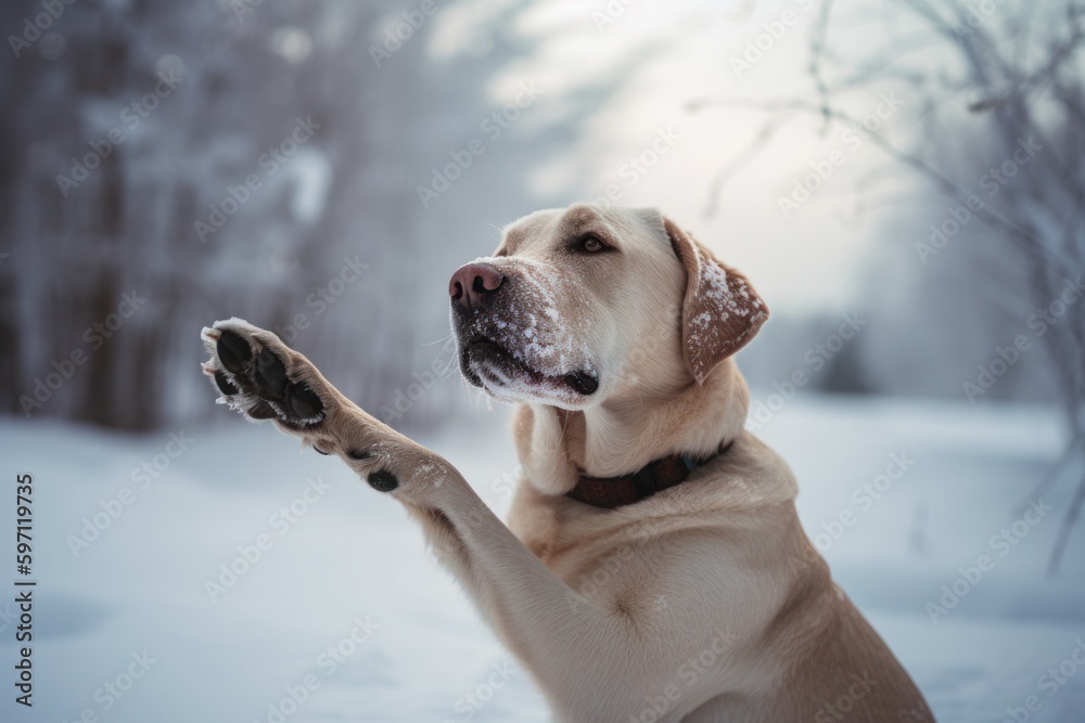 Lifestyle portrait photography of a happy labrador retriever giving the paw against snowy winter landscapes background. With generative AI technology Lifestyle portrait photography of a happy labrador retriever giving the paw against snowy winter landscapes background. With generative AI technology
