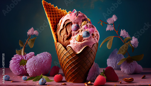 Delicious Luxury Neapolitan Ice Cream with Strawberries in Cone AI Generative photo
