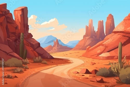 Exploring the Wild West: Cartoon Desert Road in Red Canyon, Generative AI