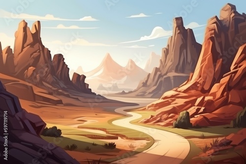 Exploring the Wild West: Cartoon Desert Road in Red Canyon, Generative AI © avrezn