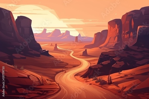 Exploring the Wild West  Cartoon Desert Road in Red Canyon  Generative AI