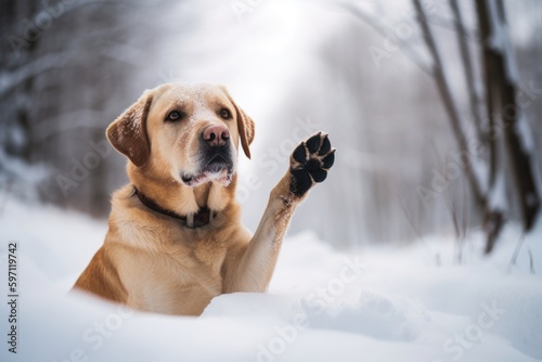 Lifestyle portrait photography of a happy labrador retriever giving the paw against snowy winter landscapes background. With generative AI technology © Markus Schröder