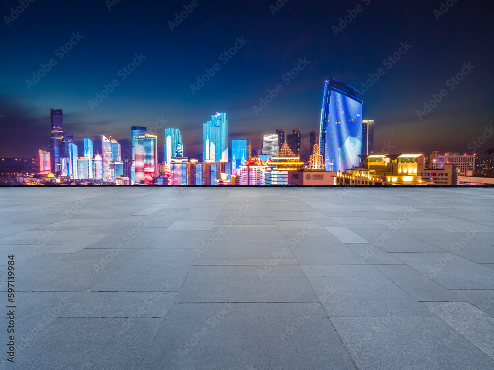 Plaza floor tiles and urban building group background