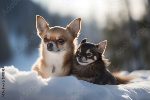 Full-length portrait photography of a happy chihuahua cuddling with a cat against snowy winter landscapes background. With generative AI technology