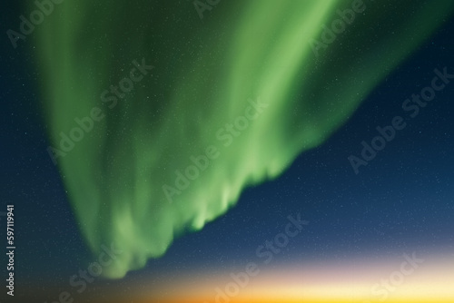 Green aurora borealis. Dark night starry sky and Northern lights