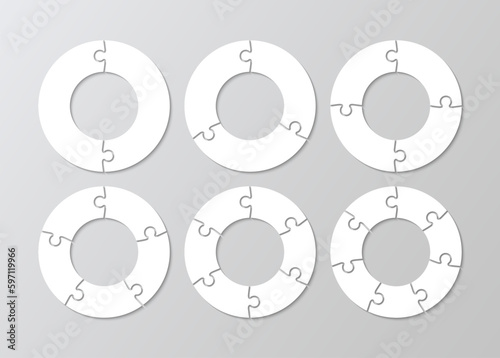 Set of ring jigsaw grids. Puzzle grids collection with 2,3, 4, 5, 6, 7 pieces. Scheme for thinking game background. Simple mosaic. Cutting templates with details. Frame tiles. Vector illustration.