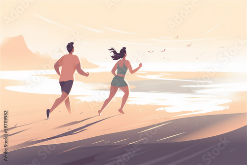 young couple running towards the sea at sunset, enjoying a fun moment on the beach together
