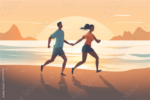 young couple enjoying beautiful sunset on beach  running and holding hands in joyful carefree moment