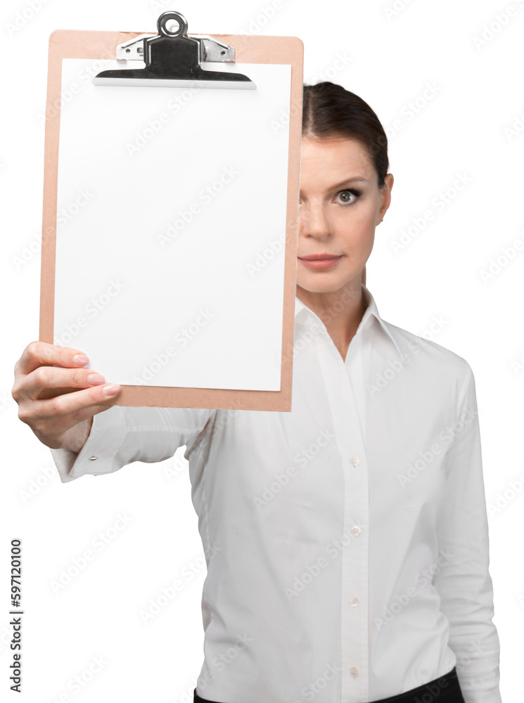 Young beautiful businesswoman with clipboard on white Young beautiful businesswoman with clipboard on white