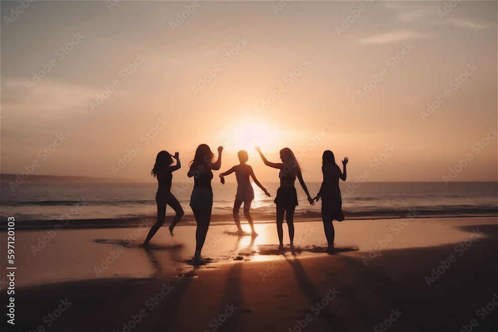 silhouettes of a group of friends running towards the sea at sunset.generative ai