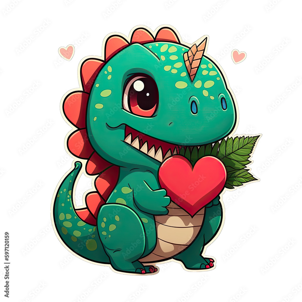 Cute cartoon dinosaur holding a heart as a gift, cutout sticker illustration for children books or romantic letter, AI Generated Cute cartoon dinosaur holding a heart as a gift, cutout sticker illustration for children books or romantic letter, AI Generated