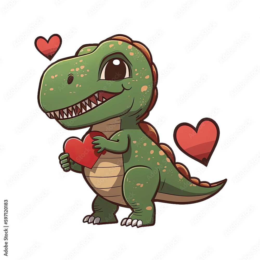 Obraz premium Cute cartoon dinosaur holding a heart as a gift, cutout sticker illustration for children books or romantic letter, AI Generated
