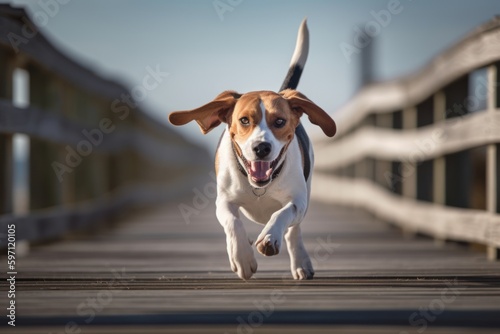 Lifestyle portrait photography of a happy beagle chasing a squirrel against beach boardwalks background. With generative AI technology