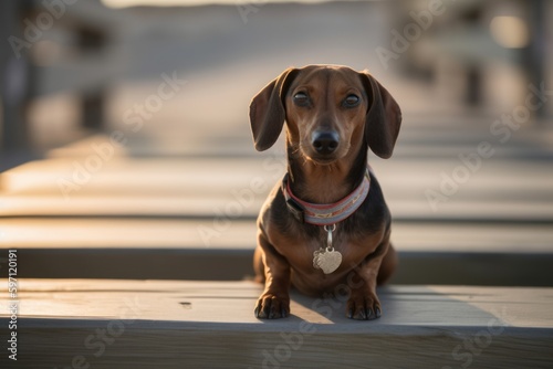 Medium shot portrait photography of a happy dachshund wearing a medal and a ribbon against beach boardwalks background. With generative AI technology