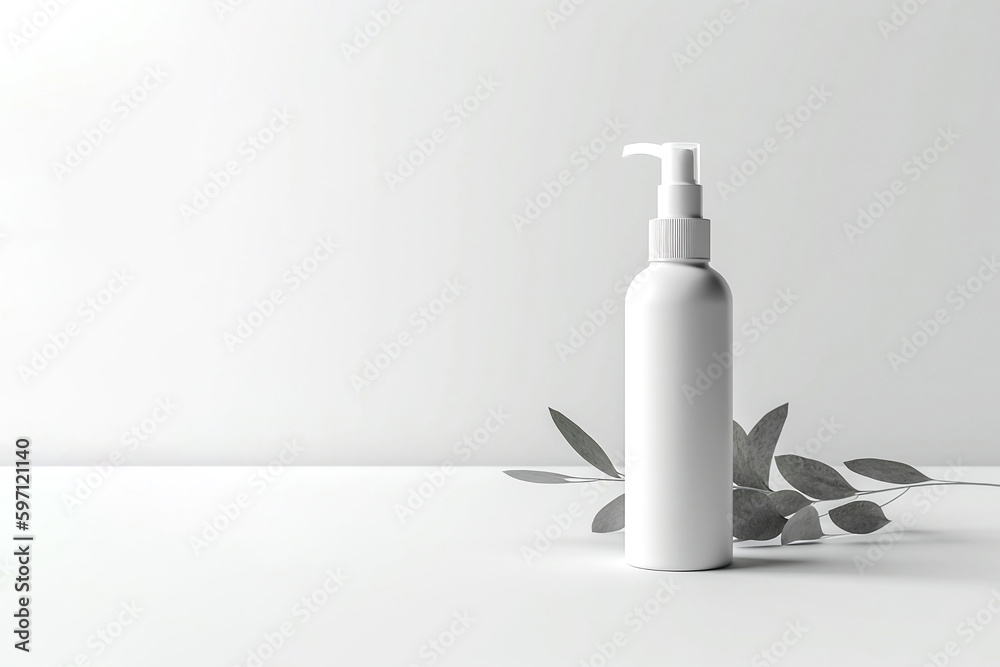 White plastic bottle with dispenser on a light background. Generative AI.